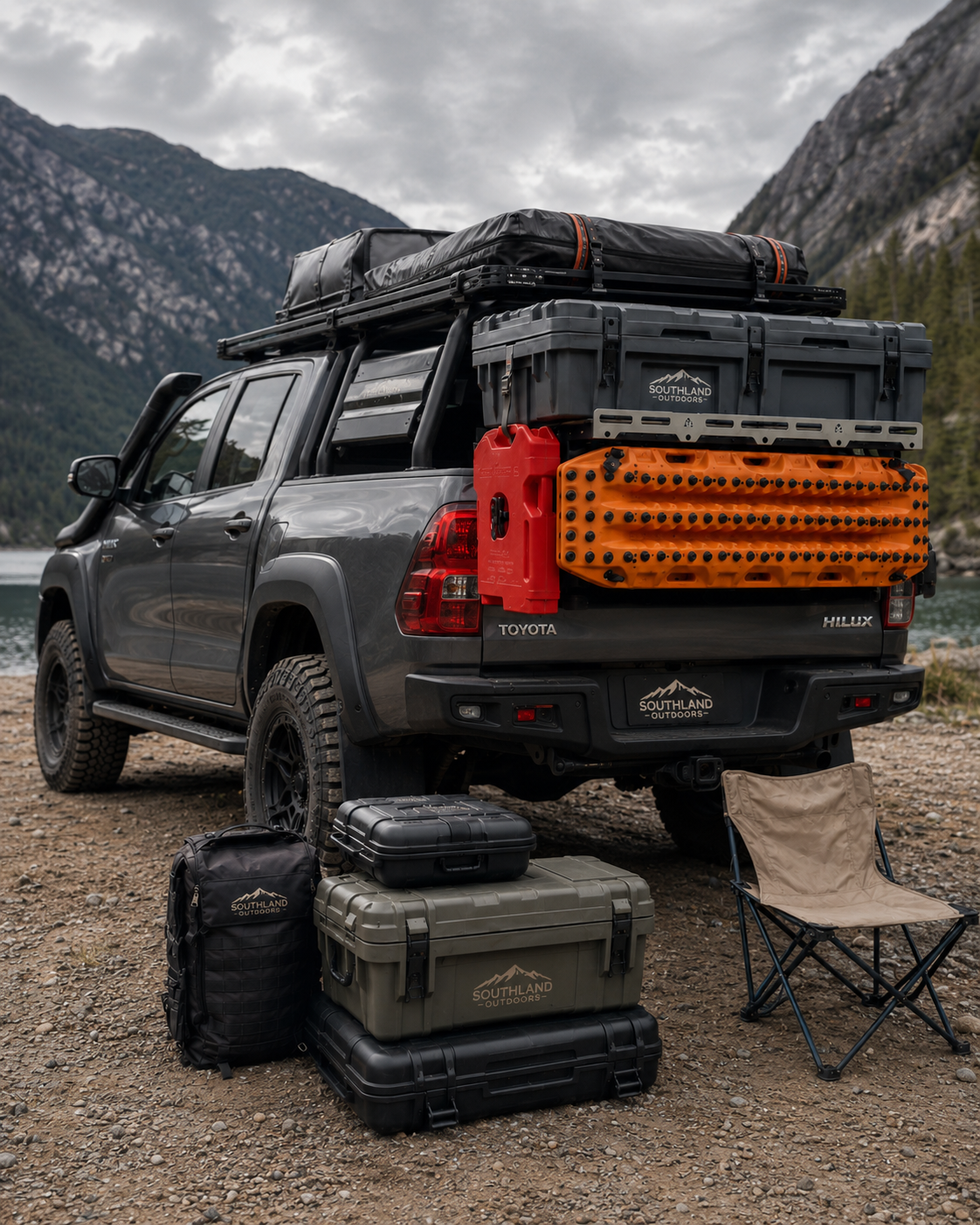 Four wheel drive recovery gear laid out for remote vehicle travel